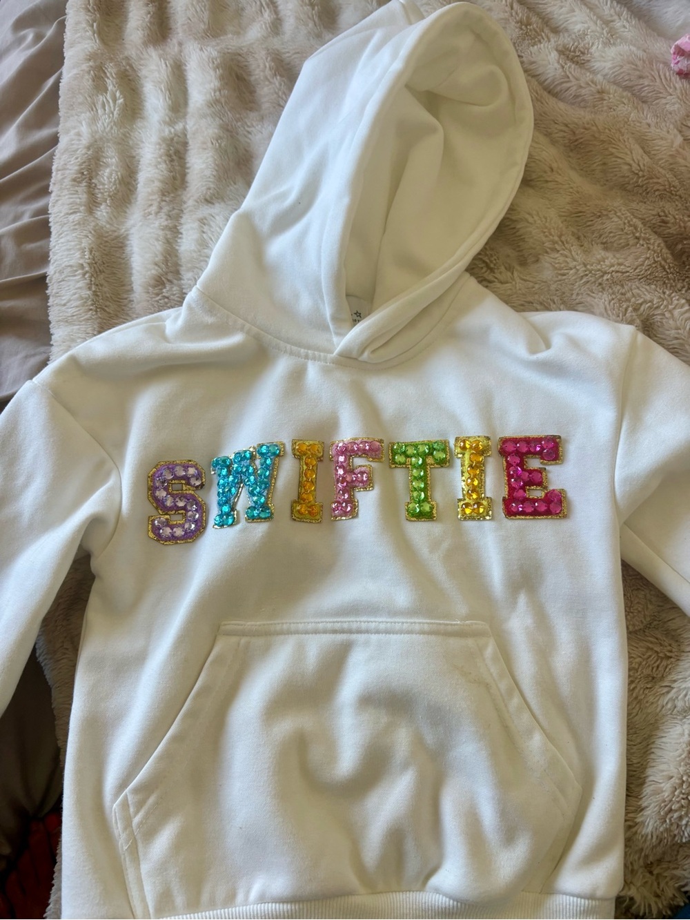 Lola + The Boys White Hoodie with Multicolor Sequin 'SWIFTIE' Letters